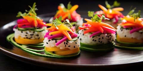 Fototapeta na wymiar An artistic presentation highlights the delicate expertise behind vegan sushimaking, with rolls meticulously intertwined in a colorful dance of julienned bell peppers, crisp radishes, and