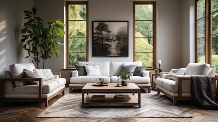 Monochrome living room with wood and gray tile accents and carpet