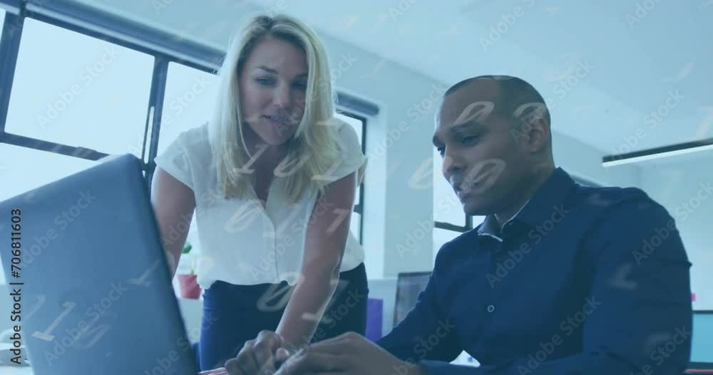 Poster animation of diverse businesspeople in office and binary coding