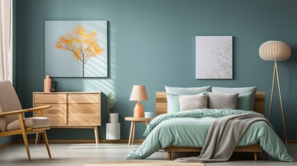 The interior of the children's bedroom is naturally bright with wooden furniture and turquoise colors