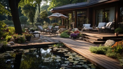 Natural home garden backyard with small pond, trees, plants, wooden deck, and furniture