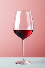 A little red wine in a glass on a pink background.