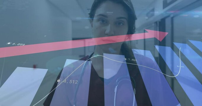 Animation of data processing over biracial female doctor