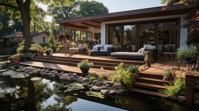 Natural home garden backyard with small pond, trees, plants, wooden deck, and furniture