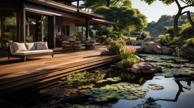 Natural home garden backyard with small pond, trees, plants, wooden deck, and furniture
