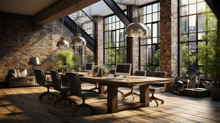 Loft style office with white brick walls with meeting table