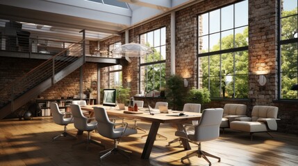 Fototapeta premium Loft style office with white brick walls with meeting table