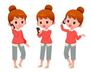 Vector collection of cute teenager girls characters in stylish clothing. Female characters in difference  poses , talking on mobile phone. Isolated on white background
