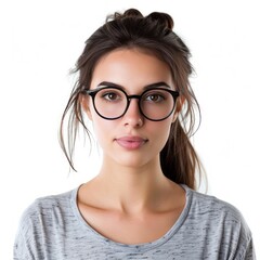 Obraz premium a face portrait of a beautiful young white caucasian european woman girl female with straight long hair wearing glasses. isolated on white studio background in square format.