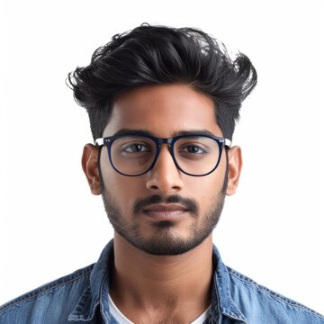 a face portrait of a handsome indian asian man with dark black hair and a well groomed beard wearing glasses. isolated on white studio background in square format.