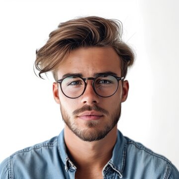 a face portrait of a handsome white caucasian man with wavy curly hair and a well groomed beard wearing glasses. isolated on white studio background in square format.