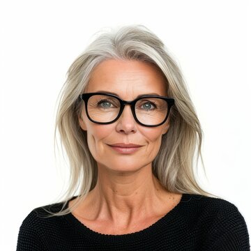 a face portrait of a beautiful mature old white caucasian european woman girl female with straight grey long hair wearing glasses. isolated on white studio background in square format.