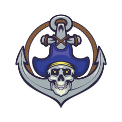 Skull head pirate mascot with anchor and rope