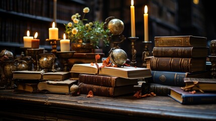 Open books and pile of old books on wooden table with burning candle - obrazy, fototapety, plakaty
