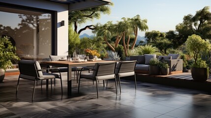 Outdoor patio area with gray floor tiles with seating
