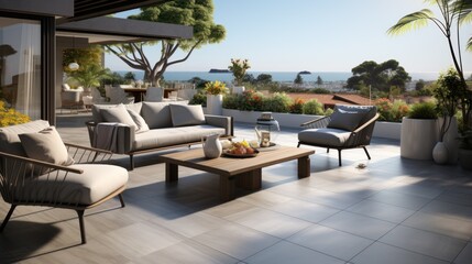 Outdoor patio area with gray floor tiles with seating