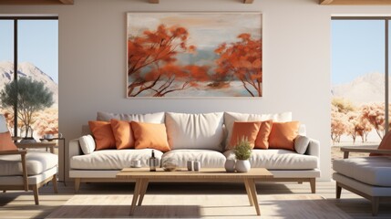 Painting on white wall, above sofa in living room interior