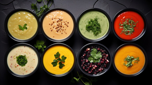 Delicious Assortment of colored vegetable cream soups, Dietary food, On a black stone background