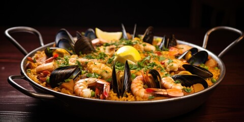 An enticing shot of a vibrant and flavorsome seafood paella, adorned with an array of fresh shrimp, tender calamari, plump mussels, and saffroninfused rice, garnished with a sprinkling of