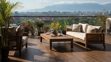 Panoramic view of the spacious terrace with wooden floors and furniture, as well as city views