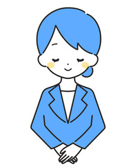 青色｜笑顔でお辞儀をする女性｜スーツ