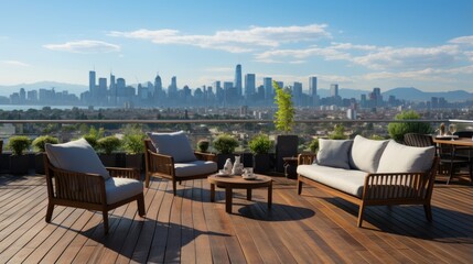 Fototapeta premium Panoramic view of the spacious terrace with wooden floors and furniture, as well as city views
