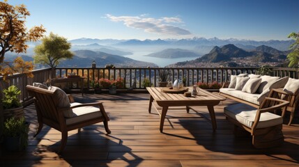 Fototapeta premium Panoramic view of the spacious terrace with wooden floors and furniture, as well as city views