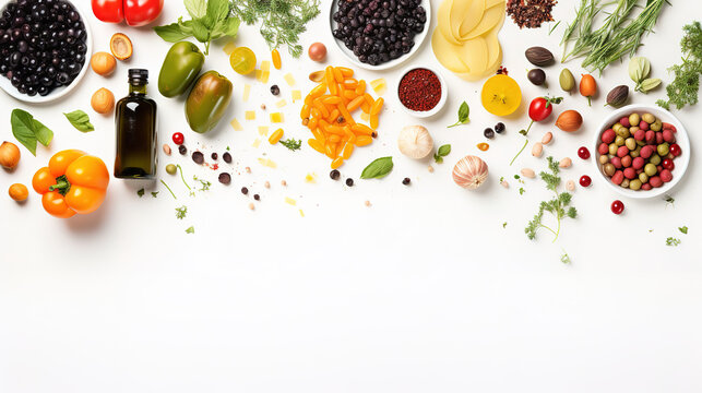 Nutrient Winter vegetarian, vegan food cooking ingredients, Flat-lay of vegetables, fruit, beans