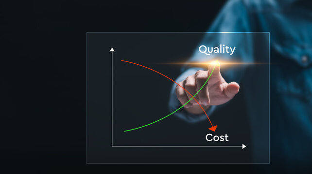 Cost and quality control concept, Businessman touch virtual quality control growth graph and cost reduction. cost optimization for products or services to improve customer satisfaction.