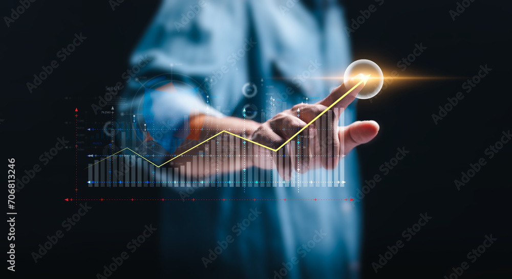 Poster data analysis concept. data analysis.businessman analyzing financial profit and economic growth grap