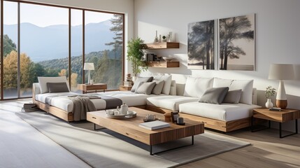 Beautiful panoramic view from a nice white stylish modern bedroom