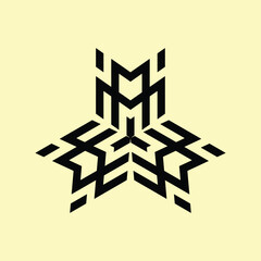 a ceramic monogram design that forms the letter "M" that is rotated several times