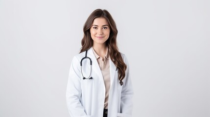 a beautiful doctor is posing on a white background