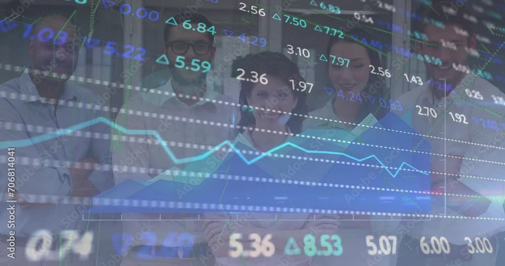 Wall mural Animation of financial data processing over diverse business people in office