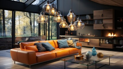 A chandelier hangs from the ceiling, and pillows are arranged on the living room and kitchen sofas