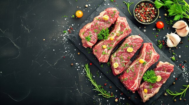 Top view of meat with garlic and herbs Healthy and balanced food AI Generated