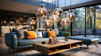 A chandelier hangs from the ceiling, and pillows are arranged on the living room and kitchen sofas