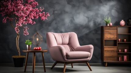 pink armchair next to a table with pink flowers, next to a gray wall with a dark painting