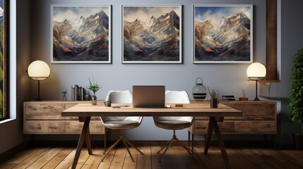 Posters on marble wall above wooden desk with computer