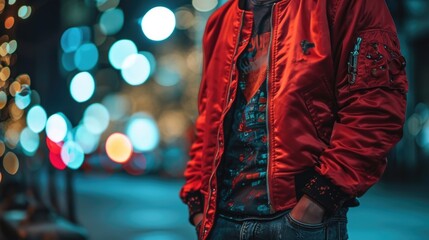 Fototapeta na wymiar Rockstar vibes Channel your inner rebel with a bold red bomber jacket, graphic tee, and ripped black denim.