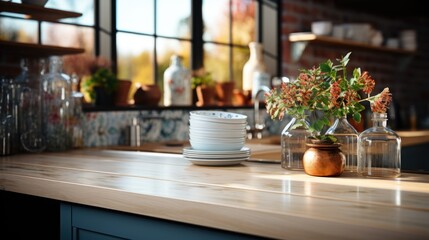 Fototapeta na wymiar blurred view of kitchen interior
