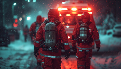 Group of firefighters in action. - obrazy, fototapety, plakaty