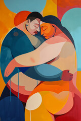minimalistic abstract art of obese people embracing