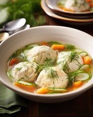 In this hearty creation, soft, pillowy matzo balls embrace a soulsatisfying chicken broth that showcases subtle hints of onions, carrots, and dill, making each sful a taste of pure bliss.