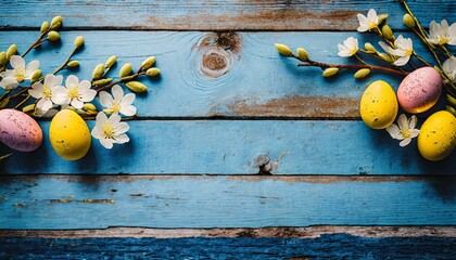 easter still life, Easter to empty blue rustic wooden table background, rustic charm, texture...