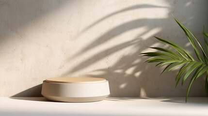 Fototapeta na wymiar blank beige curve concrete counter podium with texture soft sunlight leaf shadow