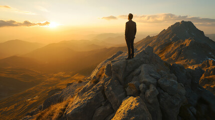 Businessman in suit standing on the top of the mountain admiring the sunrise