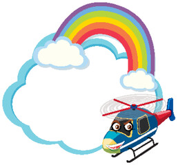 Cartoon helicopter flying near a colorful rainbow.