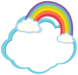 Vector illustration of a rainbow arcing over fluffy clouds.