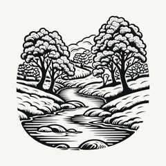 Black and white river vector illustration